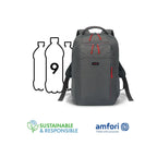 A dark gray backpack with red zipper pulls shown on a white background, alongside a graphic indicating it holds 9 liters and 'Sustainable & Responsible' and 'amfori' logos at the bottom.