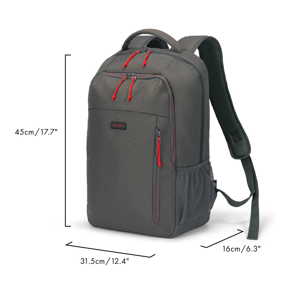 Dark gray backpack with red zipper pulls and dimension markings showing 45cm height, 31.5cm width, and 16cm depth on a white background.