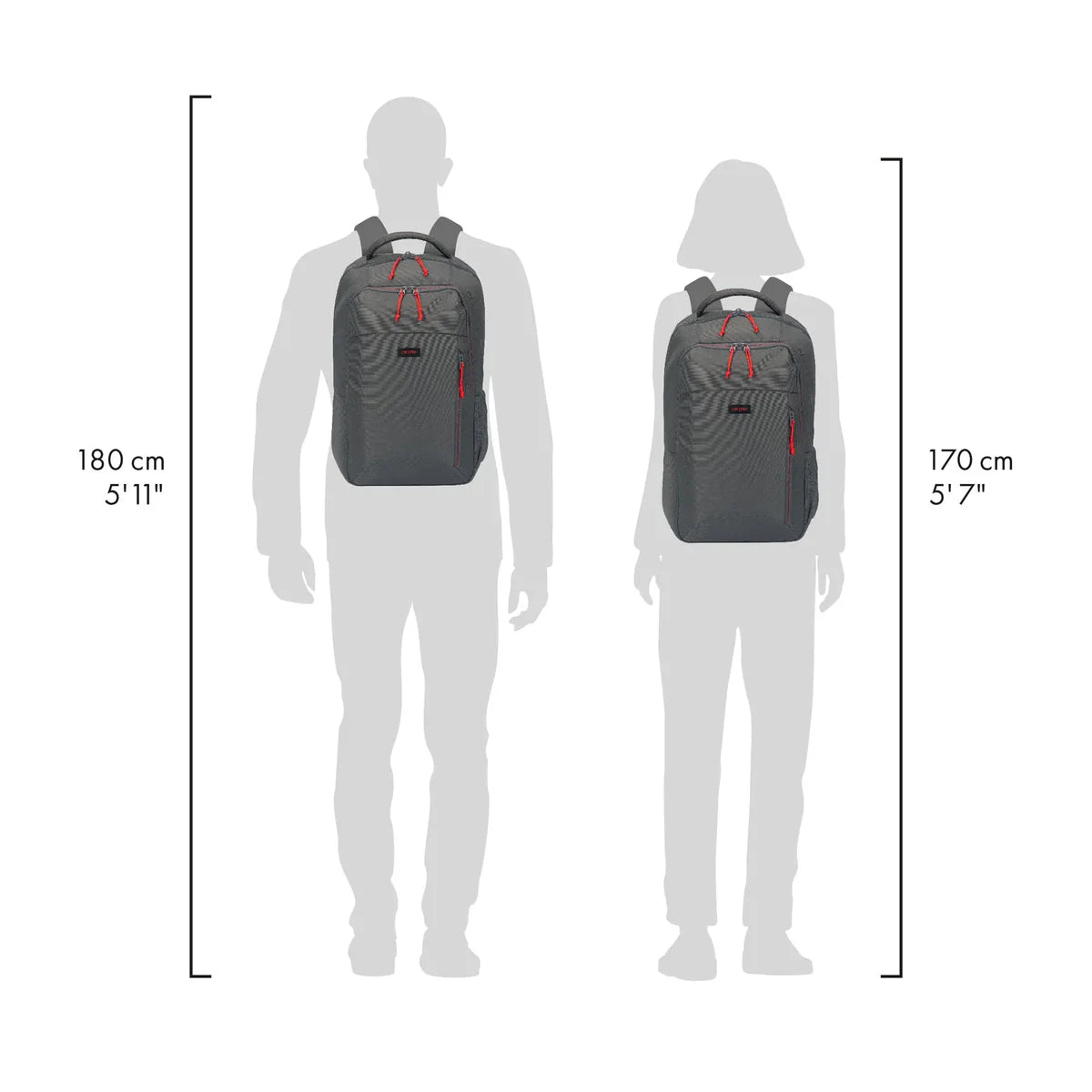 A gray backpack shown on two gray human silhouettes, one taller figure labeled 180 cm (5'11") and one shorter figure labeled 170 cm (5'7"), with measurement brackets and text indicating height comparison.