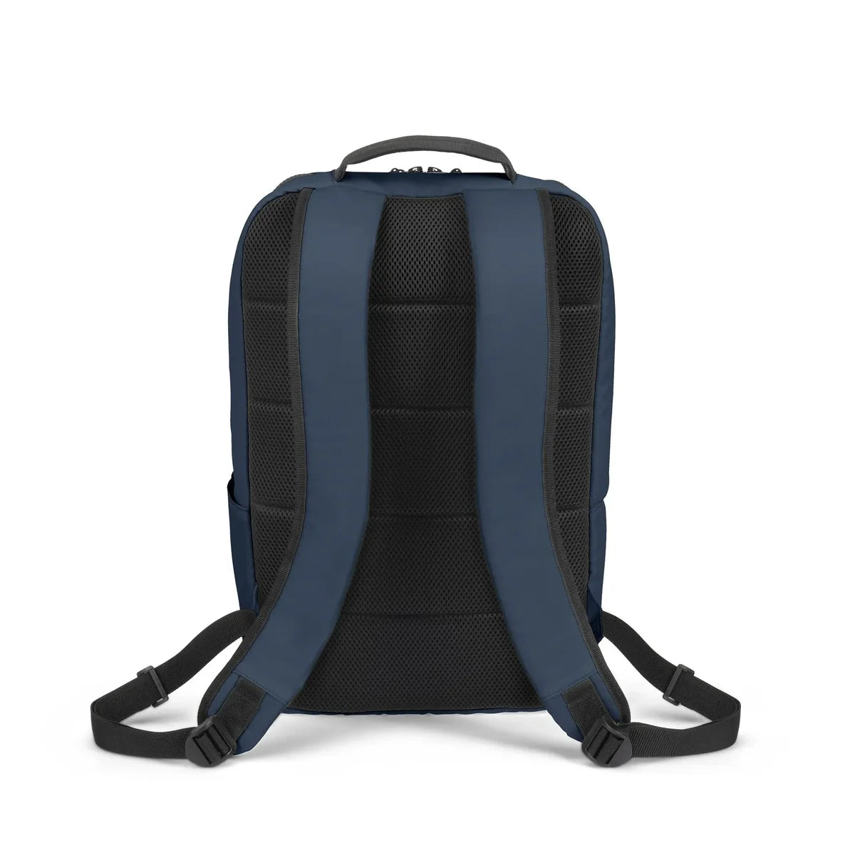 The back view of a navy blue and black backpack, showing the padded mesh backrest, shoulder straps, and top carry handle against a plain white background.
