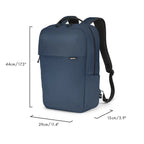 A navy blue backpack shown on a white background with dimension lines and text indicating its height of 44cm (173"), width of 29cm (11.4"), and depth of 15cm (5.