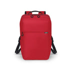 A red backpack with black straps, zipper pulls, and a small black brand tag on the front, shown against a plain white background.