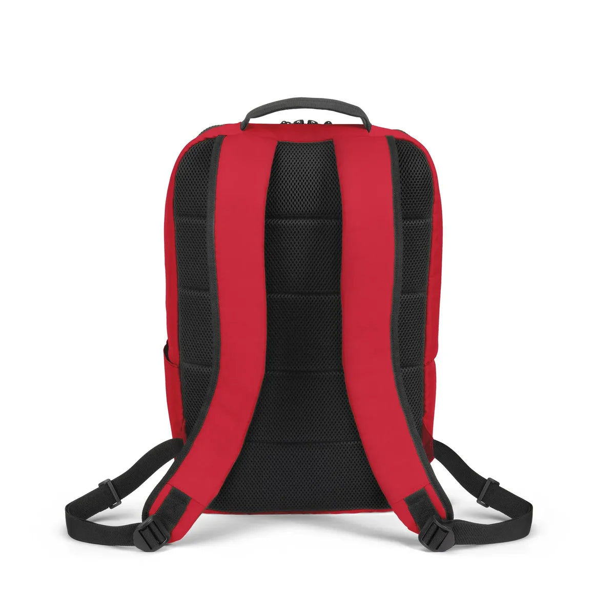 Red and black backpack shown from the back, featuring padded black mesh back support, red side panels, and black shoulder straps on a white background.