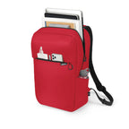 A red backpack-style laptop sleeve with black straps, shown on a white background with a laptop, phone, cardholder, and water bottle inserted into its compartments.