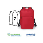 A red backpack shown on a white background with a black-and-white outline graphic of three plastic bottles and the number 7, plus 'SUSTAINABLE & RESPONSIBLE' and 'amfori' logos below.