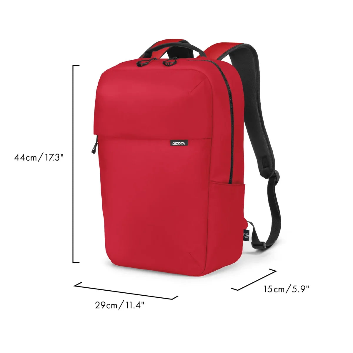 Red backpack with black straps and black measurement lines showing dimensions of 44cm height, 29cm width, and 15cm depth on a white background.
