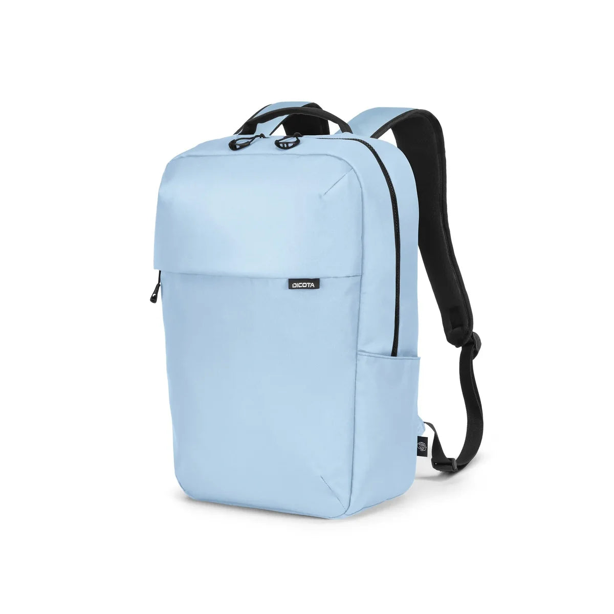 A light blue backpack with black straps, zippers, and a small black brand label on the front, shown on a plain white background.