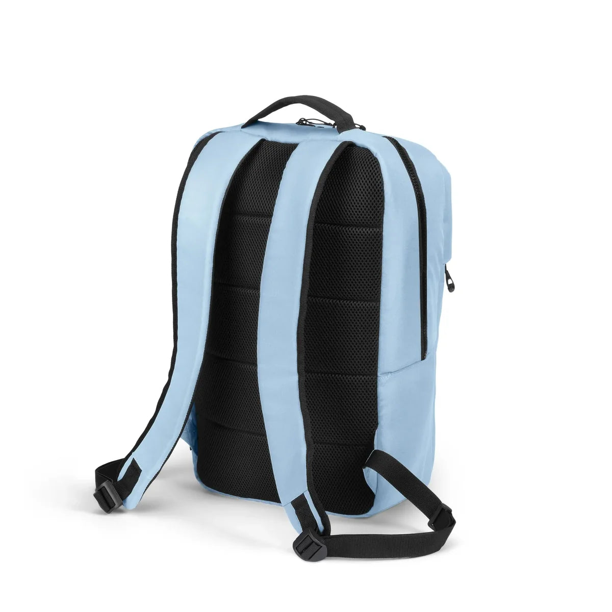 A light blue and black backpack shown from the back, featuring padded black mesh back panels, light blue shoulder straps, and black zipper details, set against a plain white background.