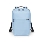A light blue backpack with black straps, a top handle, and a small black brand tag on the front, shown against a plain white background.