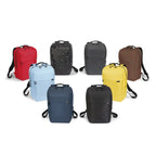 Eight minimalist backpacks in various colors (red, black, gray, brown, light blue, yellow, navy, and black) arranged in two rows on a plain white background.