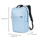 A light blue backpack with black straps and trim, shown with dimension lines and text indicating measurements of 44cm height, 29cm width, and 15cm depth on a white background.