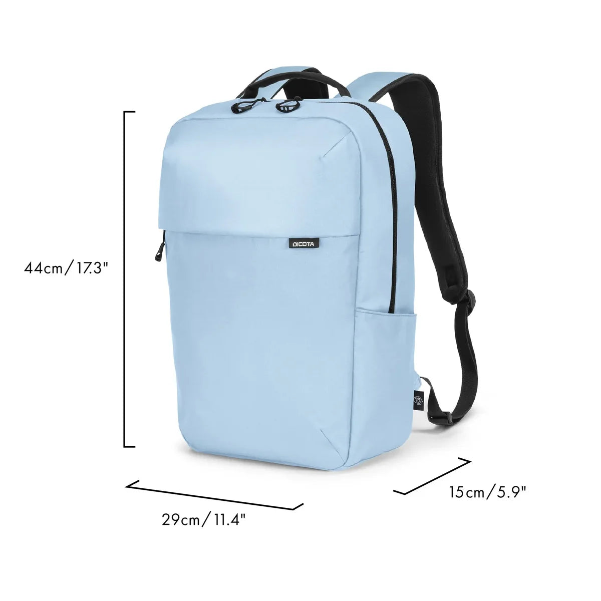 A light blue backpack with black straps and trim, shown with dimension lines and text indicating measurements of 44cm height, 29cm width, and 15cm depth on a white background.