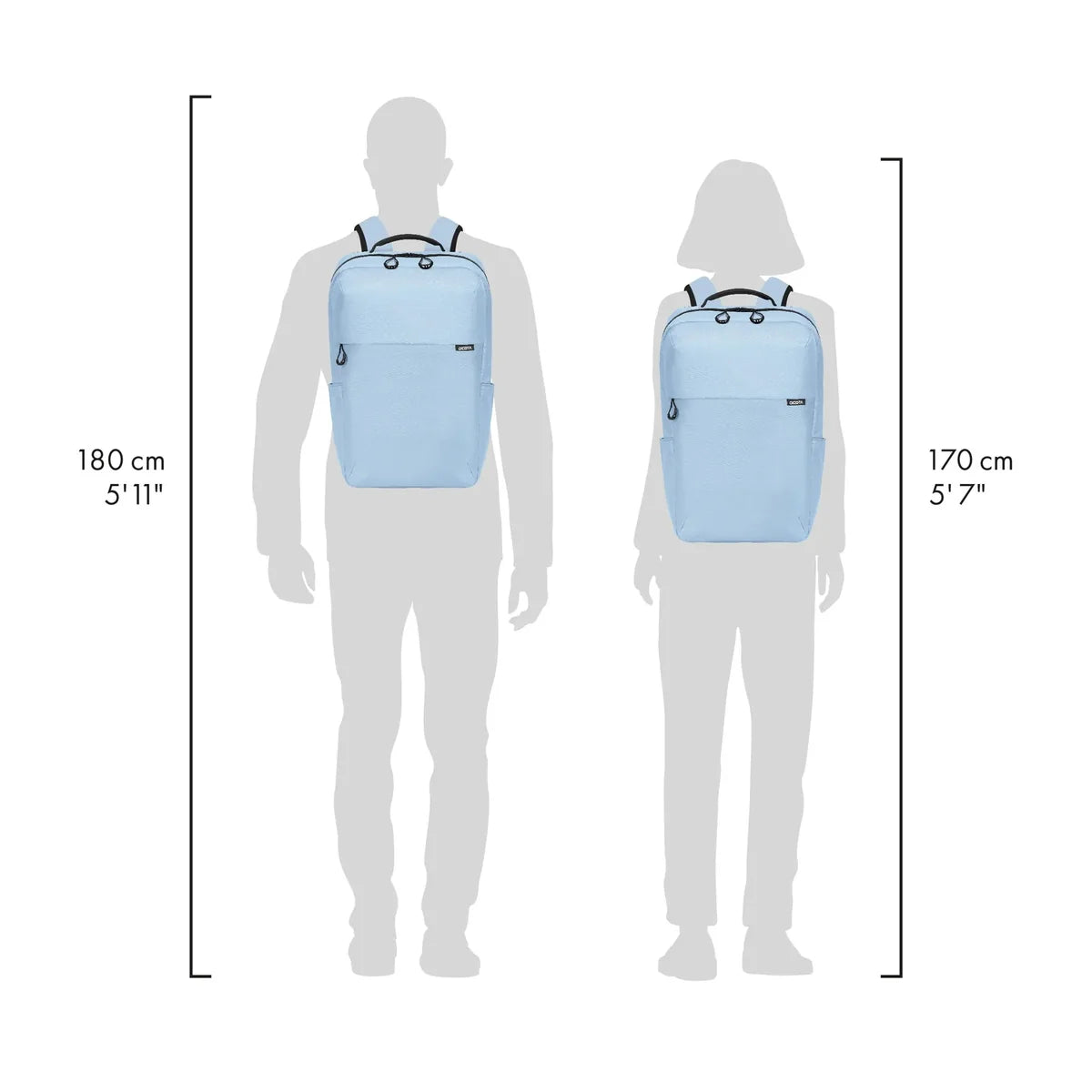 Light blue backpack shown on two gray human silhouettes with height measurements: 180 cm (5'11") for the larger figure and 170 cm (5'7") for the smaller figure, on a white background.