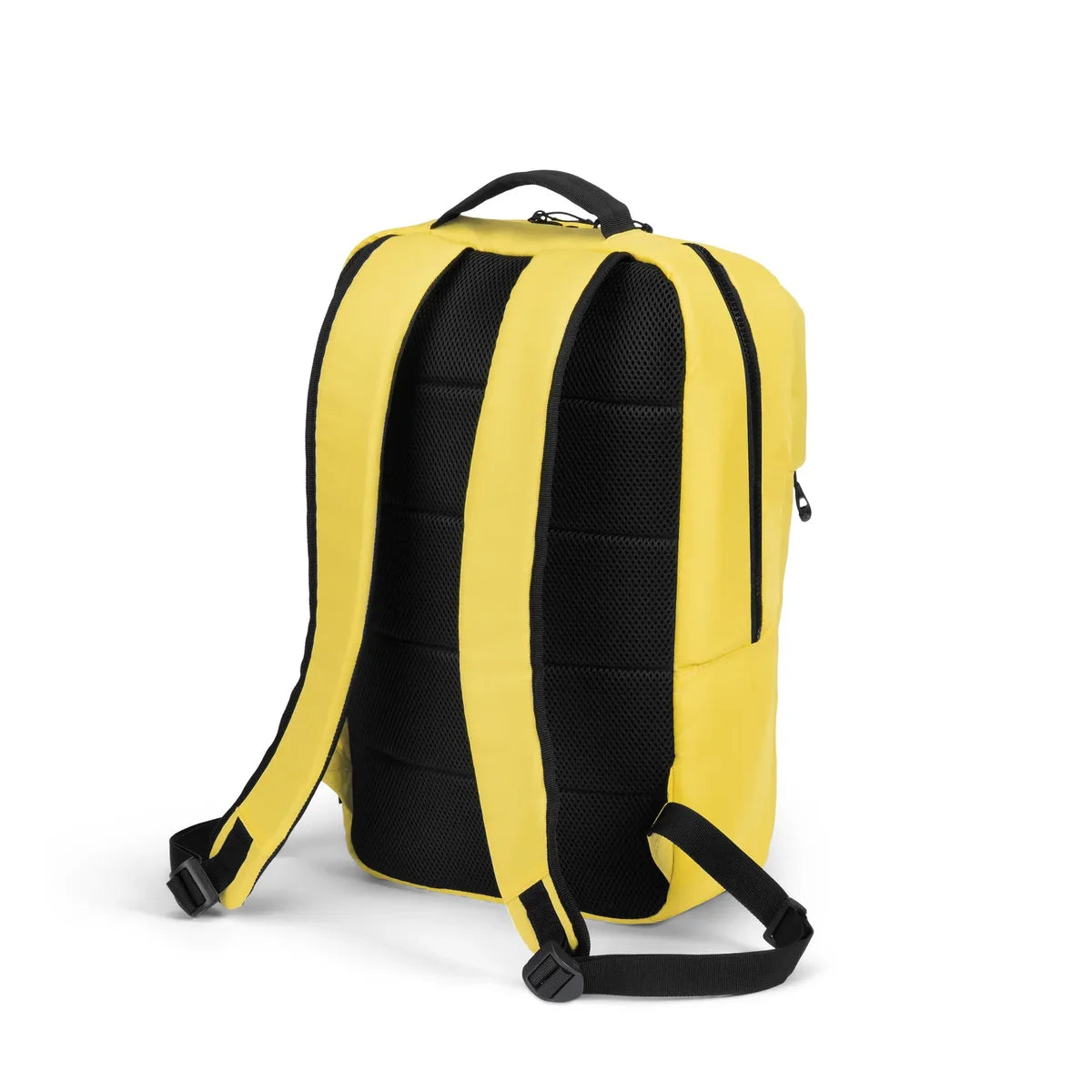 Yellow and black backpack shown from the back, featuring padded shoulder straps, a black mesh back panel, and a top carry handle on a white background.