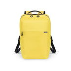 A bright yellow backpack with black straps, zipper pulls, and a small black brand tag on the front, shown against a plain white background.