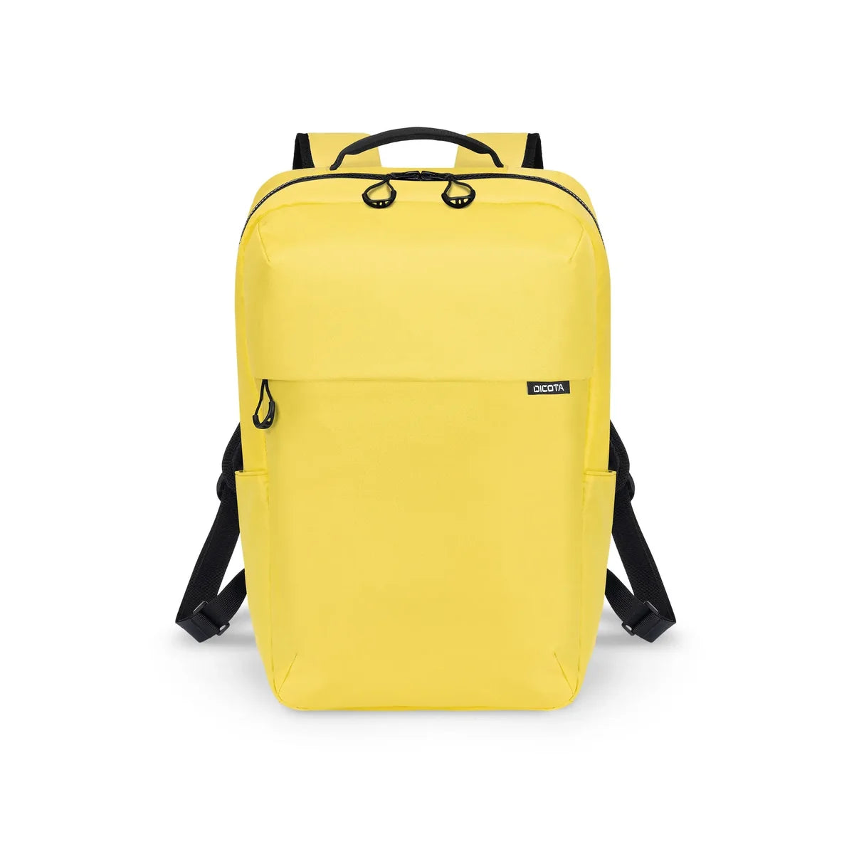 A bright yellow backpack with black straps, zipper pulls, and a small black brand tag on the front, shown against a plain white background.