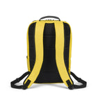 Yellow and black backpack shown from the back, featuring padded mesh back panels and adjustable shoulder straps, on a plain white background.