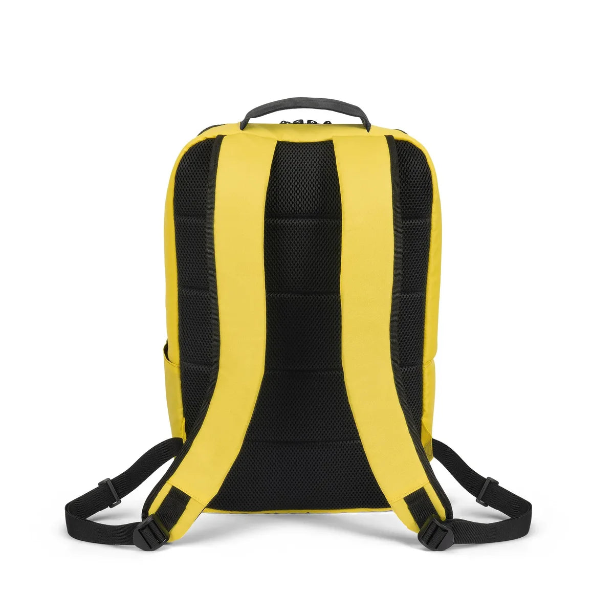 Yellow and black backpack shown from the back, featuring padded mesh back panels and adjustable shoulder straps, on a plain white background.
