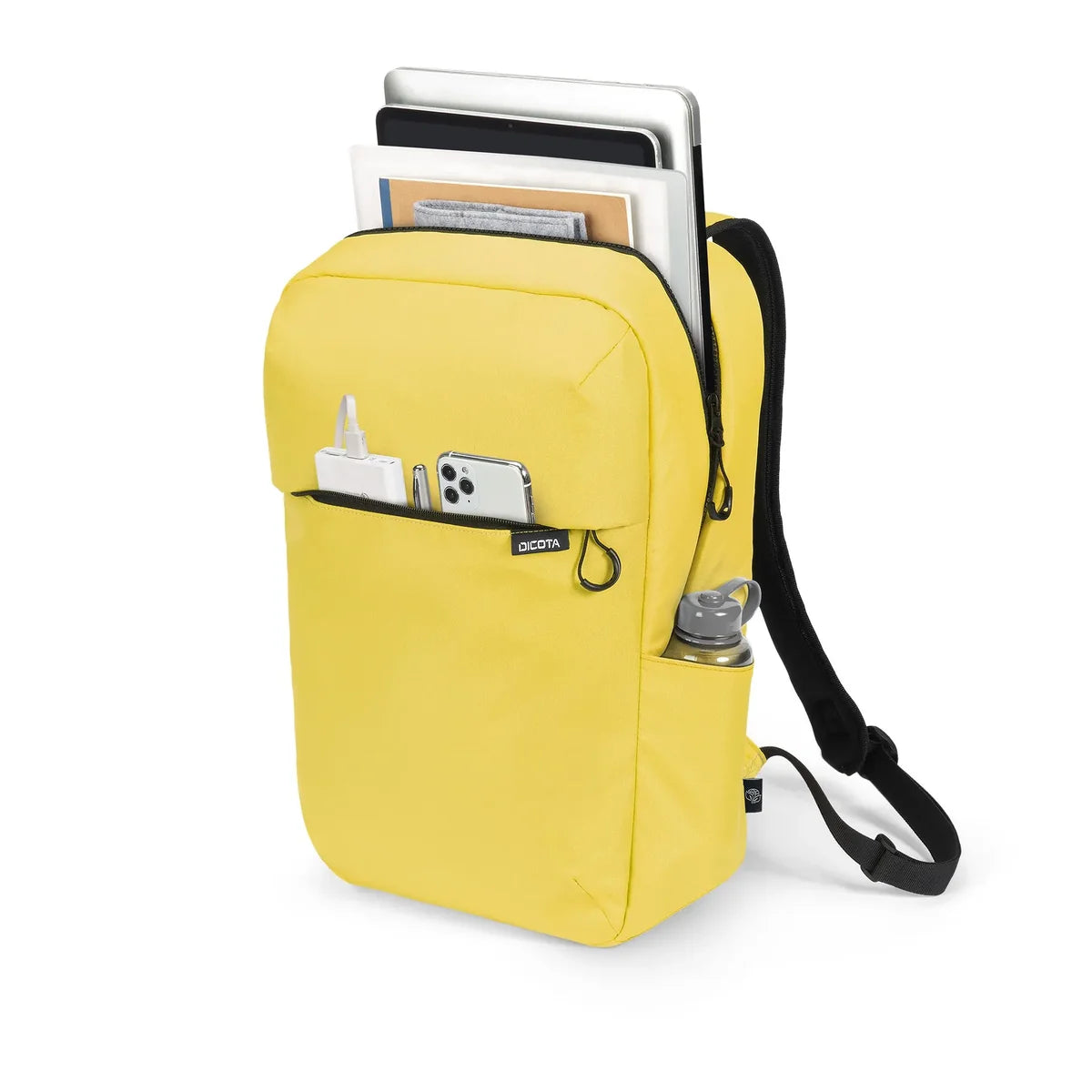 A bright yellow backpack-style document pouch with black straps, shown holding a tablet, notebooks, pens, a smartphone, and a water bottle on a clean white background.