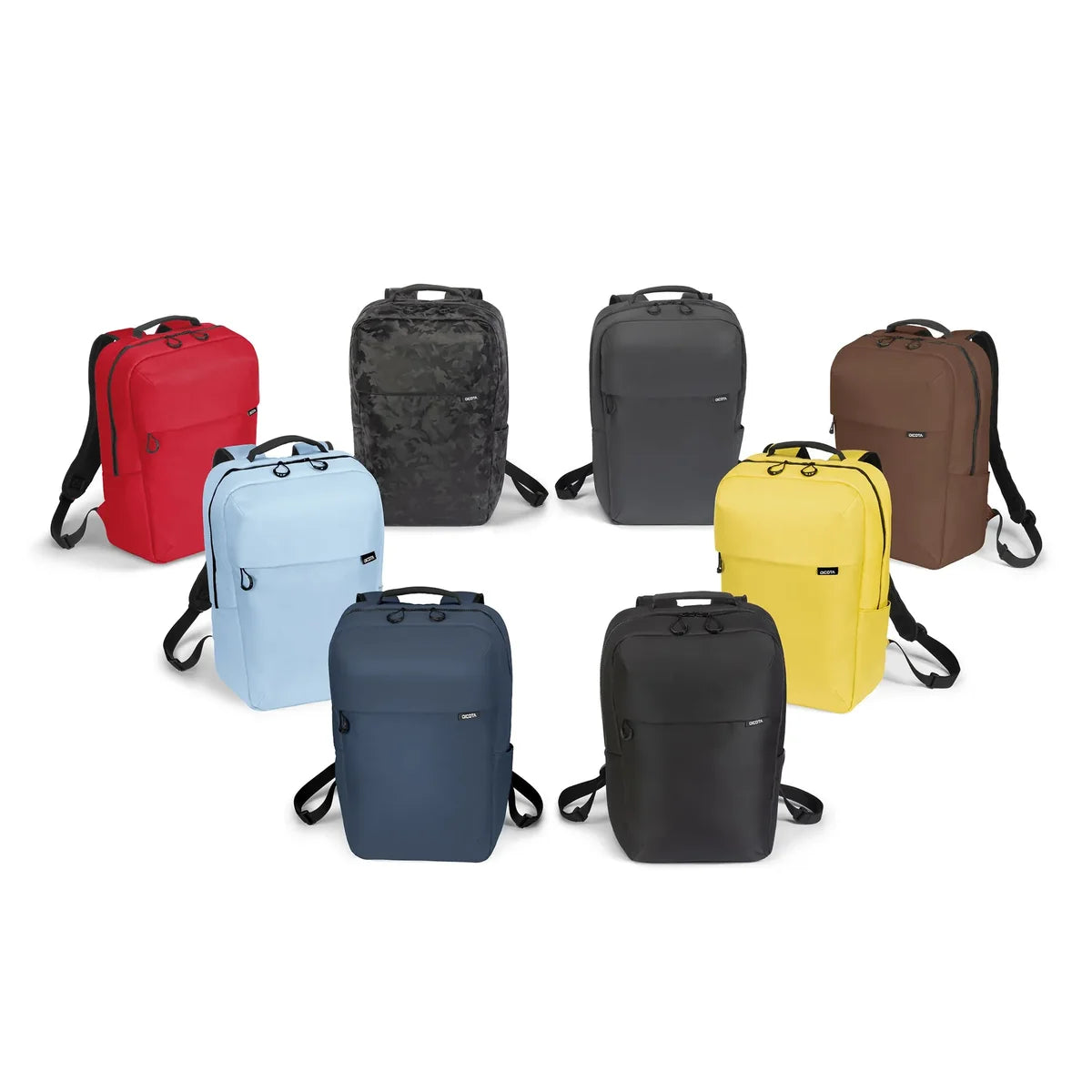 Eight minimalist backpacks in various colors (red, black, gray, brown, light blue, yellow, navy, and black) arranged in two rows on a plain white background.