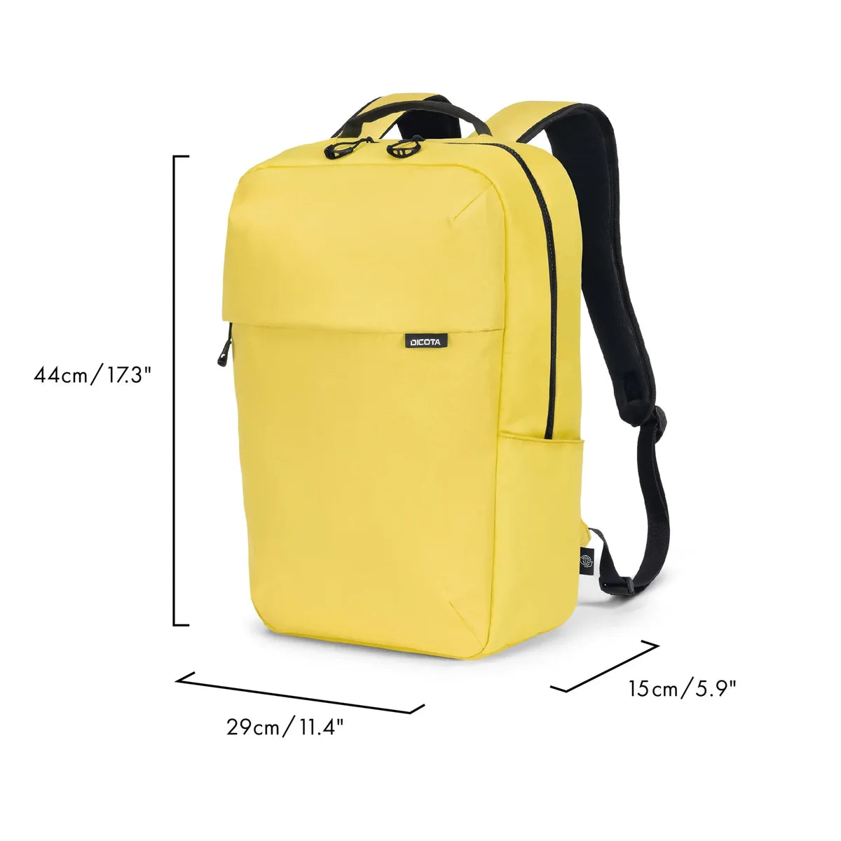 Yellow backpack with black straps and black zipper trim, shown on a white background with dimension lines indicating 44cm height, 29cm width, and 15cm depth.