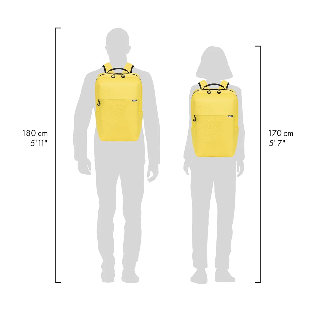 Yellow backpack shown on two gray human silhouettes with height measurements labeled 180 cm (5'11") and 170 cm (5'7") to indicate size fit.