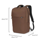 A brown backpack shown on a white background with dimension lines and text indicating its height of 44cm (173"), width of 29cm (11.4"), and depth of 15cm (5.