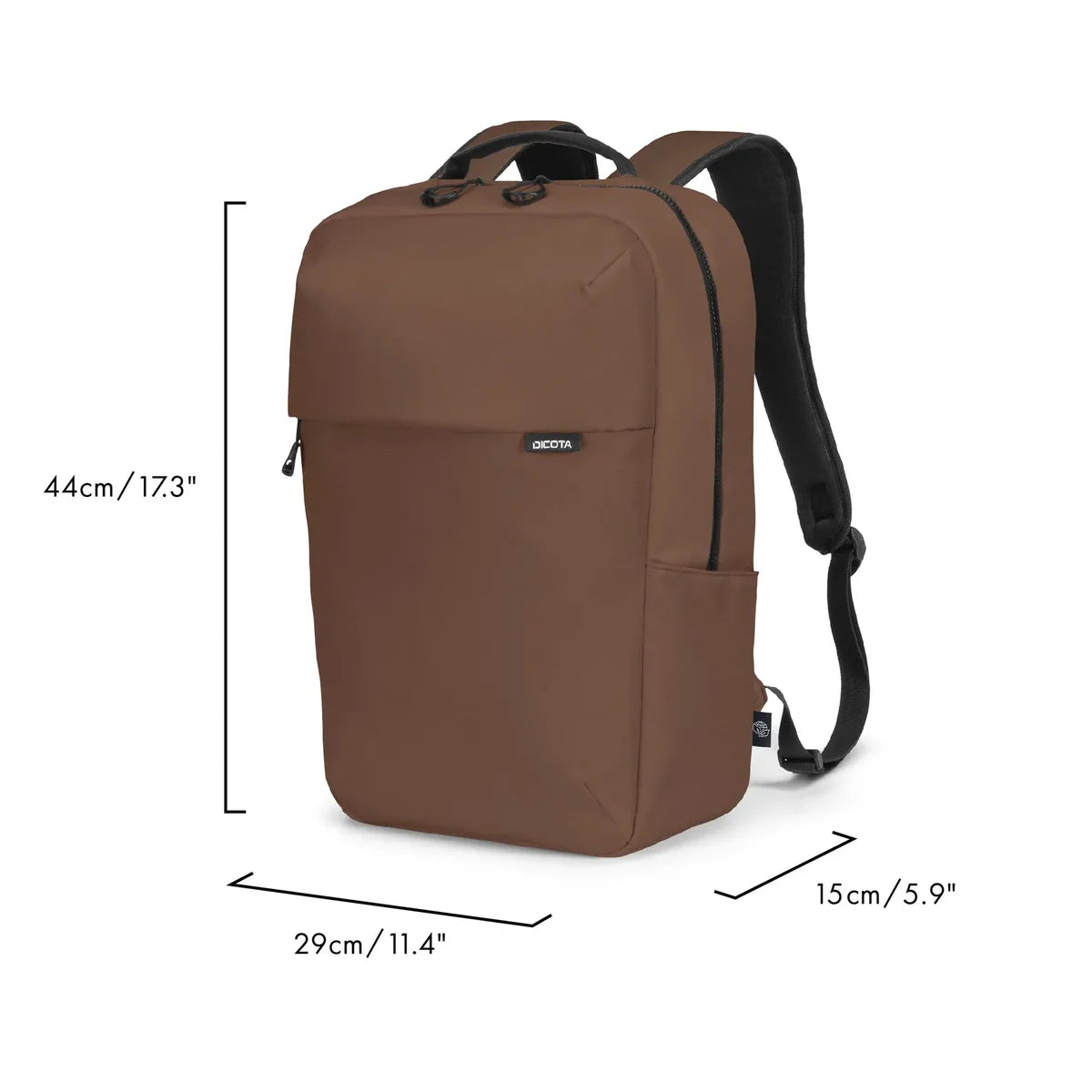 A brown backpack shown on a white background with dimension lines and text indicating its height of 44cm (173"), width of 29cm (11.4"), and depth of 15cm (5.