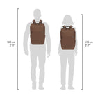 A black backpack shown on two gray human silhouettes, with height measurement lines and text indicating 180 cm (5'11") for the larger figure and 170 cm (5'7") for the smaller figure.