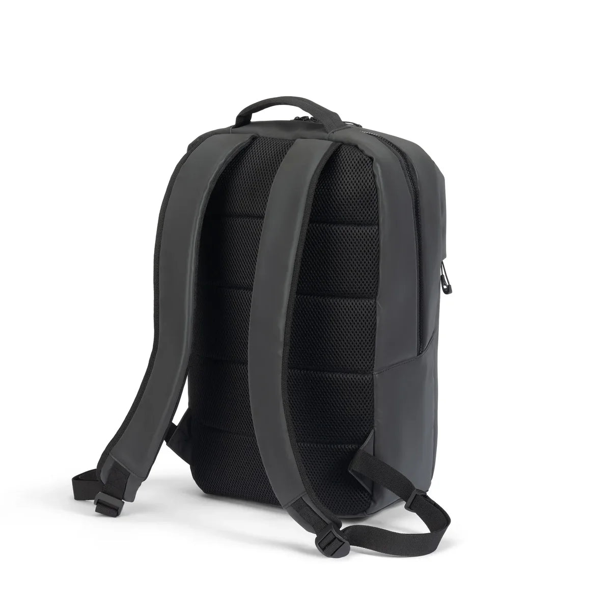 A black backpack shown from the back, featuring padded shoulder straps, a breathable mesh back panel, and a top carry handle, photographed on a clean white background.