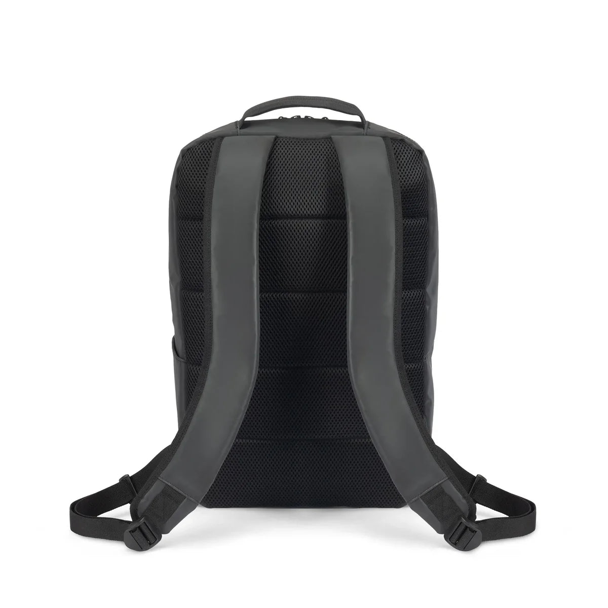 The back view of a black mesh backpack with padded shoulder straps and a top carry handle, shown on a plain white background.