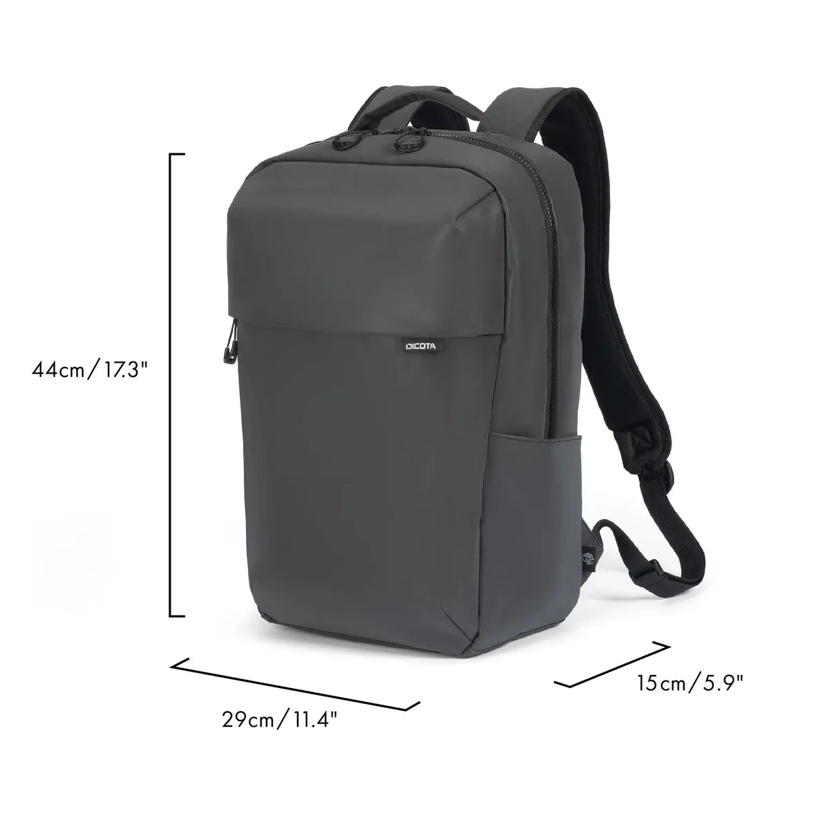Dark gray backpack with black straps and dimension lines showing measurements of 44cm height, 29cm width, and 15cm depth on a white background.
