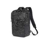 A black and dark gray camouflage backpack with a front zippered pocket and padded shoulder straps, shown on a plain white background.