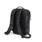 Black and dark gray camouflage tactical backpack shown from the rear view on a white background.