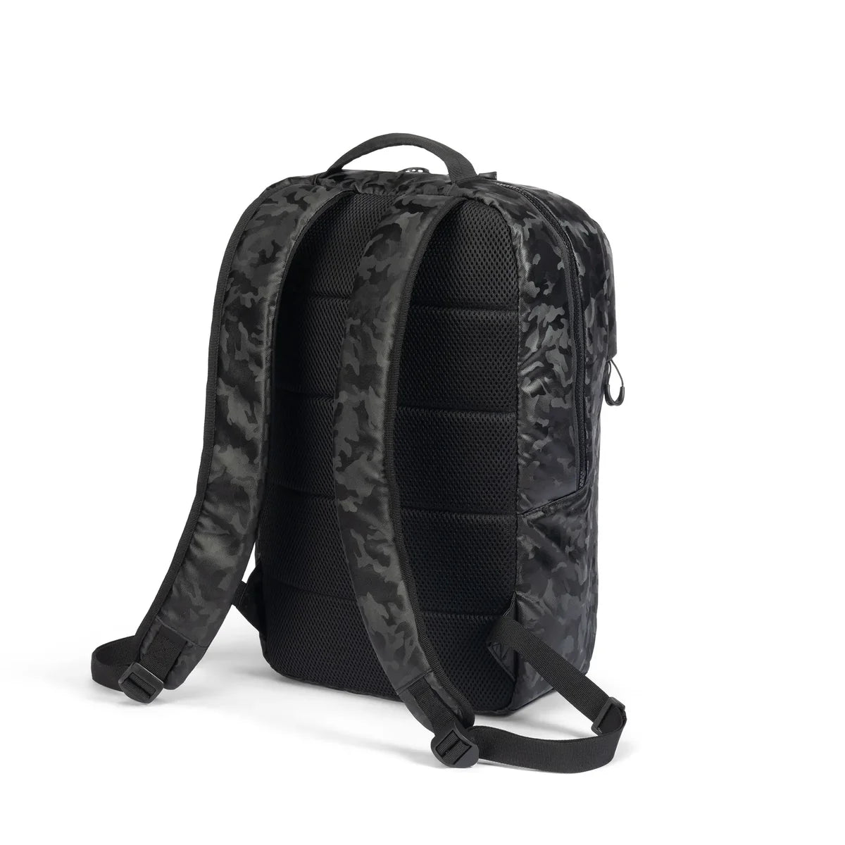 Black and dark gray camouflage tactical backpack shown from the rear view on a white background.