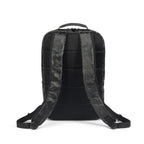 The back view of a black backpack with a dark gray and black camouflage pattern on the shoulder straps, set against a plain white background.