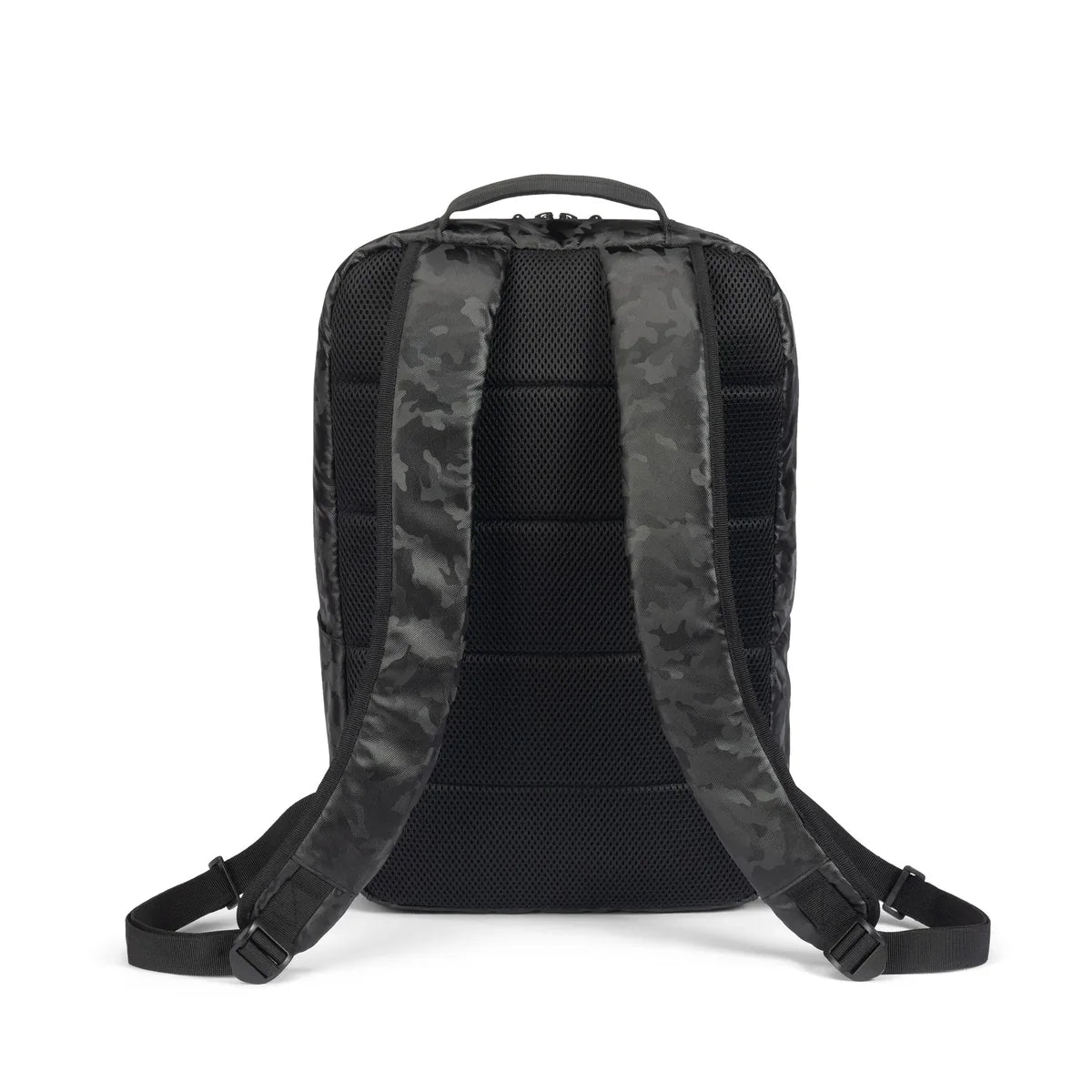The back view of a black backpack with a dark gray and black camouflage pattern on the shoulder straps, set against a plain white background.