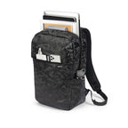 A black and dark gray camouflage backpack shown on a white background, filled with a laptop, notebooks, a smartphone, a pen, and a water bottle.