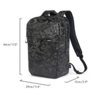 Black and gray camouflage backpack shown with dimension lines and text indicating height of 44cm (17.3"), width of 29cm (11.