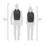 A black backpack shown on two gray human silhouettes, with height measurement lines and text indicating 180 cm (5'11") for the larger figure and 170 cm (5'7") for the smaller figure.