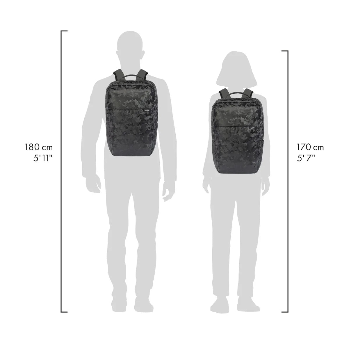 A black backpack shown on two gray human silhouettes, with height measurement lines and text indicating 180 cm (5'11") for the larger figure and 170 cm (5'7") for the smaller figure.