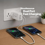 White dual-port charger with two devices being charged on a wooden surface.