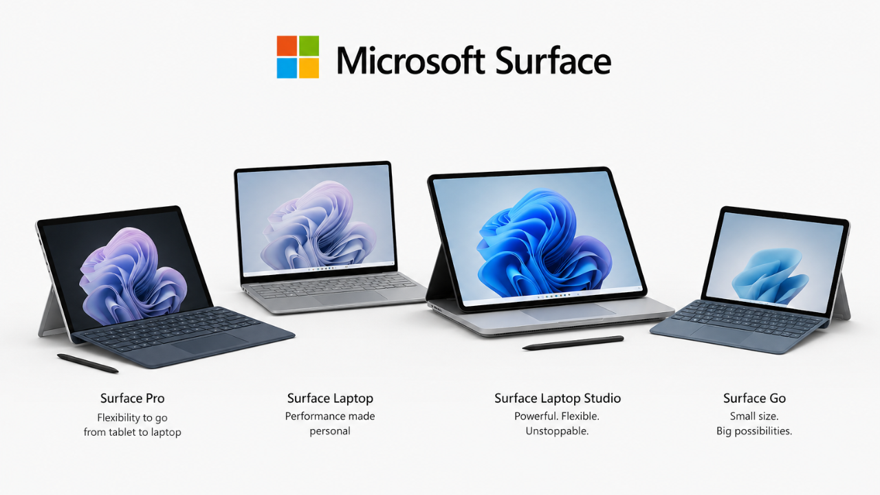 Microsoft Surface product lineup with various models on a white background