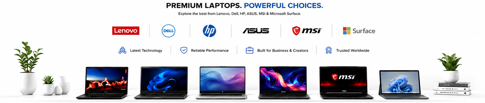 A promotional banner showcasing multiple Lenovo ThinkPad laptop models in a row, with Lenovo, Dell, HP, ASUS, MSI, and Surface logos displayed above them on a white background with decorative potted plants at the sides.