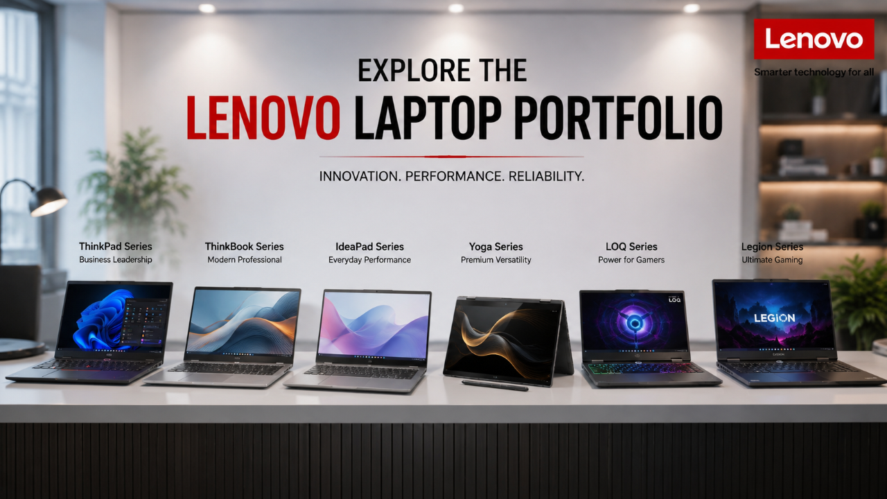 A promotional banner showcasing Lenovo laptop models arranged on a counter in a modern office setting. The laptops include ThinkPad, ThinkBook, IdeaPad, Yoga, LOQ, and Legion series, with the Lenovo brand logo in the top right corner and the text 'EXPLORE THE LENOVO LAPTOP PORTFOLIO' centered above the devices.