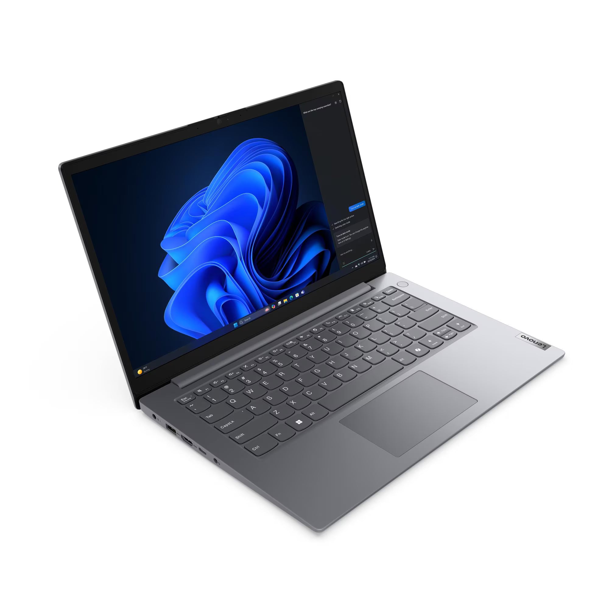 Laptop with a blue abstract design on the screen against a white background