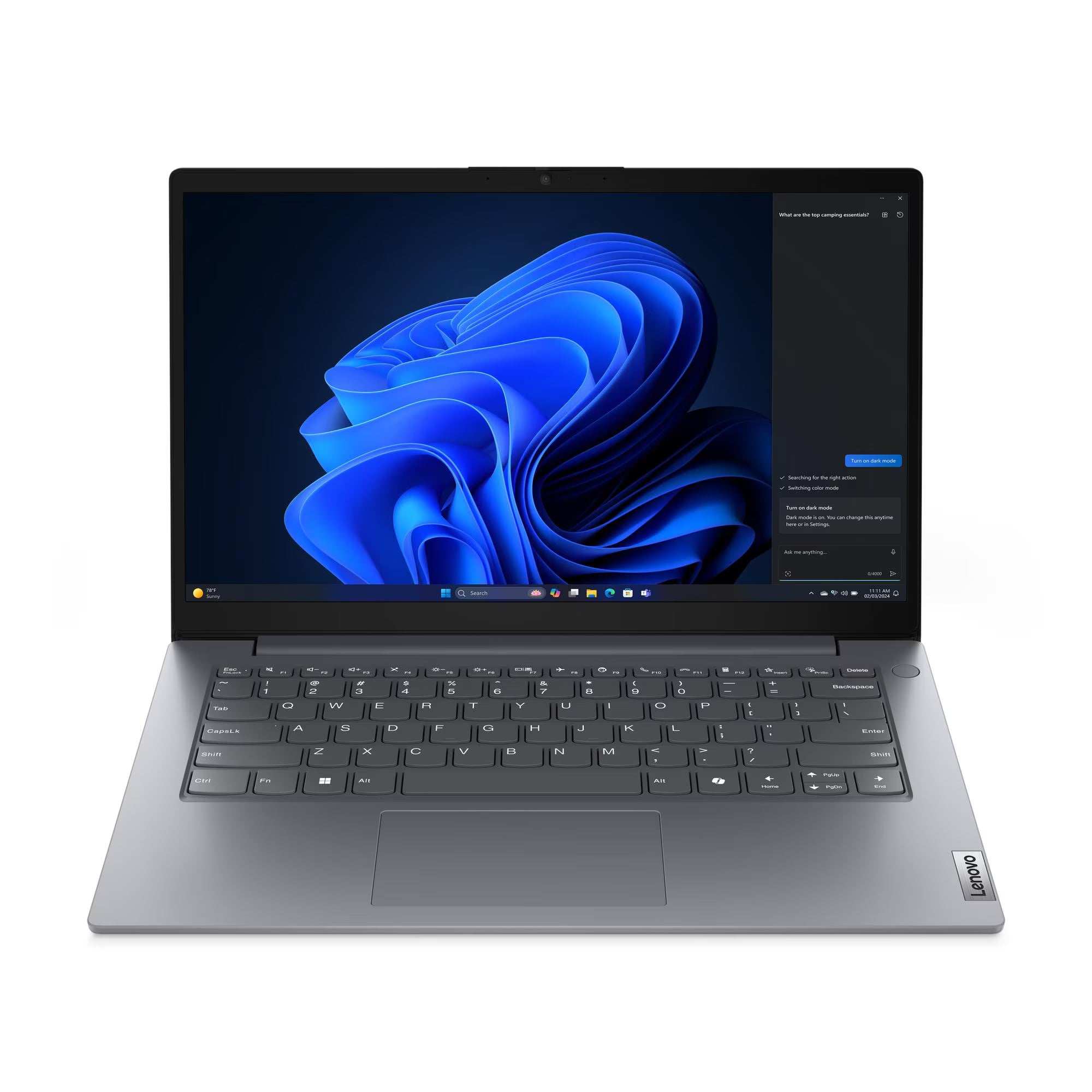 Laptop with a blue abstract design on the screen against a white background