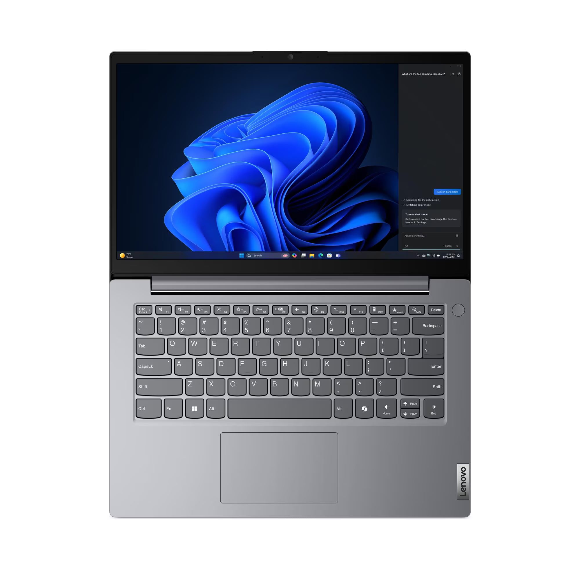 Laptop with a blue abstract design on the screen on a white background