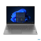 A Lenovo ThinkPad laptop in gray, shown open against a white background. The screen displays the Windows 11 desktop with a blue abstract wallpaper, and an Intel logo is visible in the bottom-right corner of the image.