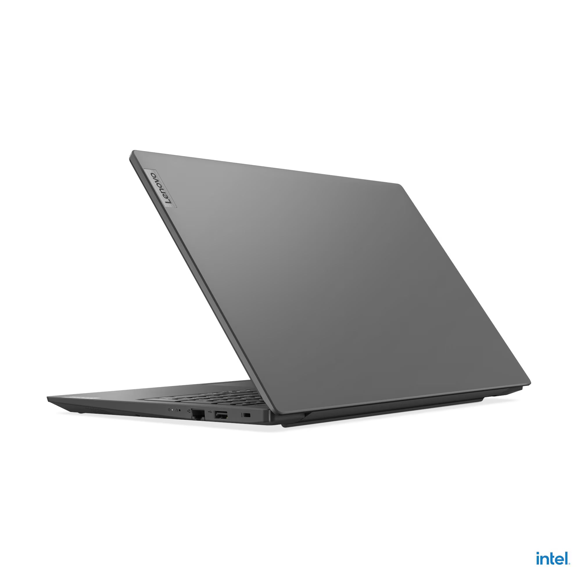 Black laptop on a white background with Intel logo